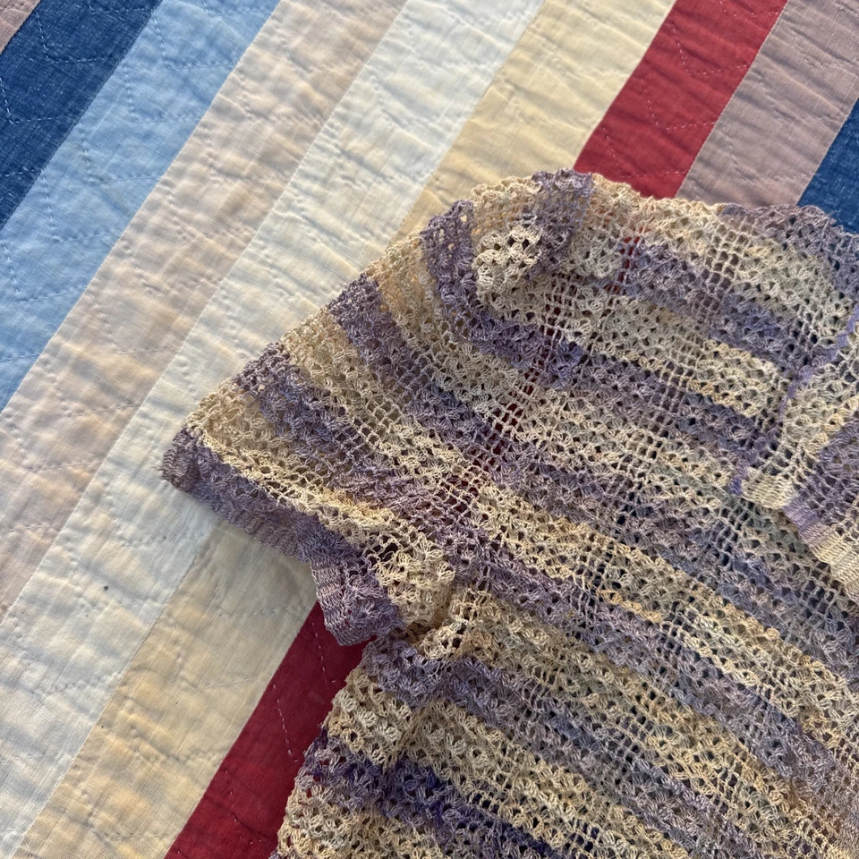 Blusa Suéter Vintage Años 30 Púrpura y Amarillo Crochet Top Chaqueta Lino Manga Abullonada Foto 4 de 4