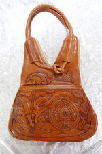 Vintage Hand-Tooled Genuine Leather Handbag Purse Mexico Sun Stone Aztec Motif
