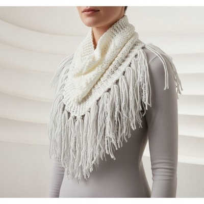 NEW Hand Knitted White Boho Cowl Scarf Fringe Cottage Coastal Fairy Whimsy Artsy