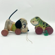 Fisher Price Wooden Pull Toy Lot 2 Nosey Puppy & Jolly Jumper Frog