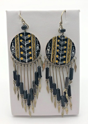 Southwestern Tribal Native American Shield Dangle Drop Earrings Beaded Fringe 3''