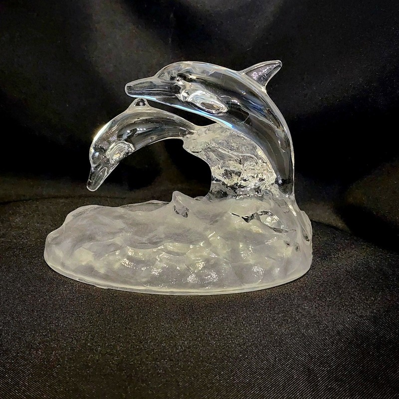 VTG Clear Lead Crystal Mom And Baby Dolphins Figurine By Cristal d'Arques