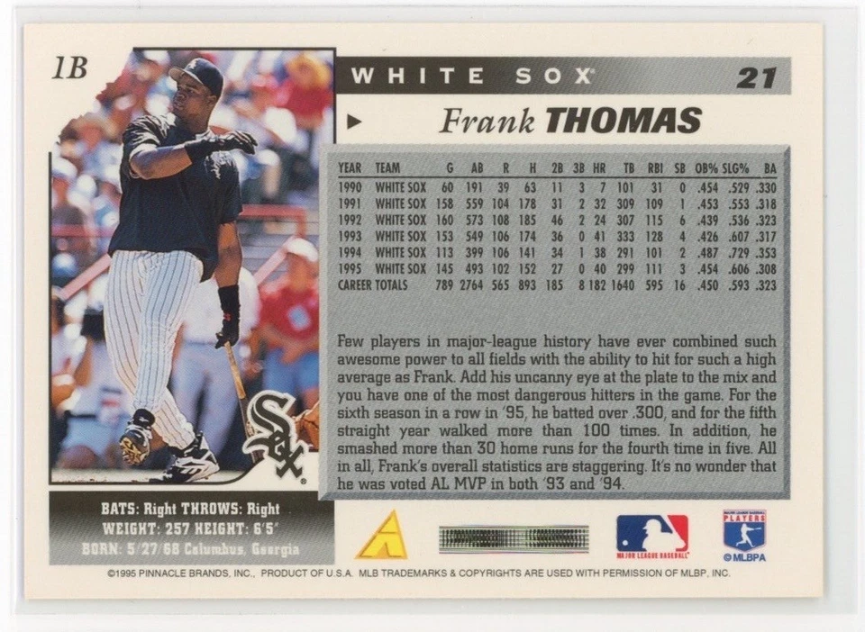 1996 Score #21 Frank Thomas Chicago White Sox - Image 2 of 2
