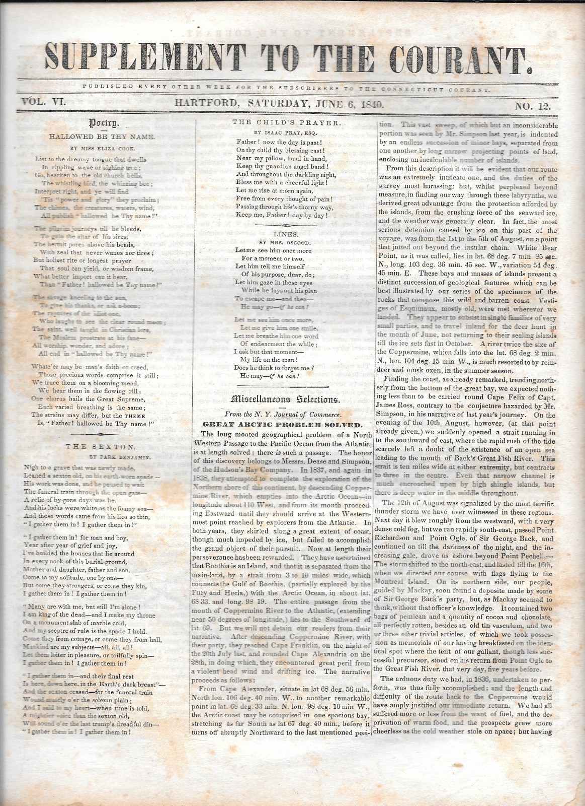 Supplement To The Courant - Great Artic Problem Solved - June 6, 1840