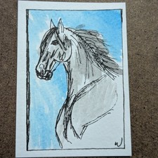 ACEO Original Horse Watercolor Miniature Art Blue Gray 2.5x3.5 Drawing Wachtel