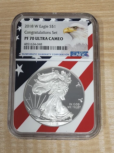 2018 W Silver American Eagle $1 NGC PF70 Ultra Cameo Congratulations Set Flag