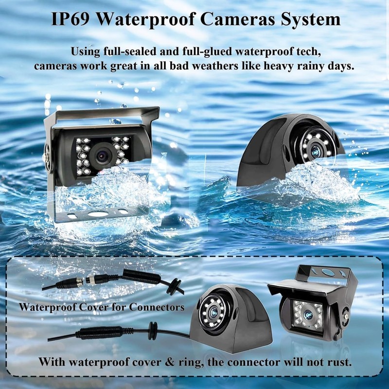 4K RV Backup Camera, 10.36" DVR Quad 4 Split Touchable Monitor with Bluetooth