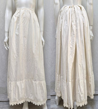 ANTIQUE VICTORIAN WHITE COTTON PETTICOAT SKIRT W/ CROCHET LACE - Waist 24"
