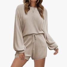 Ekouaer Knit Pajama Set Women  s Lounge Wear 2 Piece Outfit Small Apricot Tan