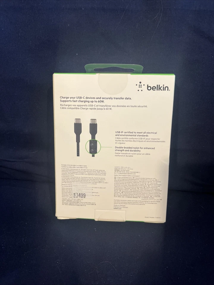 Belkin 3.3' (1M) Braided Strap USB-C to USB-C Cable - Black NIB - Image 2 of 2