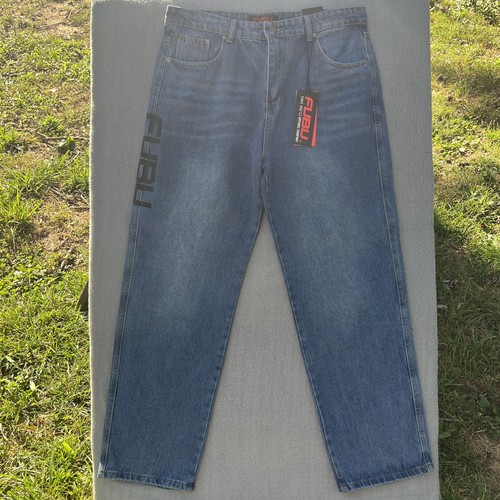 FUBU 05 Embroidered Logo Denim Collection Jeans 38x32 NWT Y2K Style Straight Leg