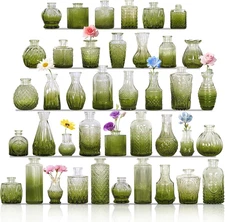 Set of 40 Glass Bud Vases, Small Green Glass Vases in Bulk, Mini Vintage Embosse