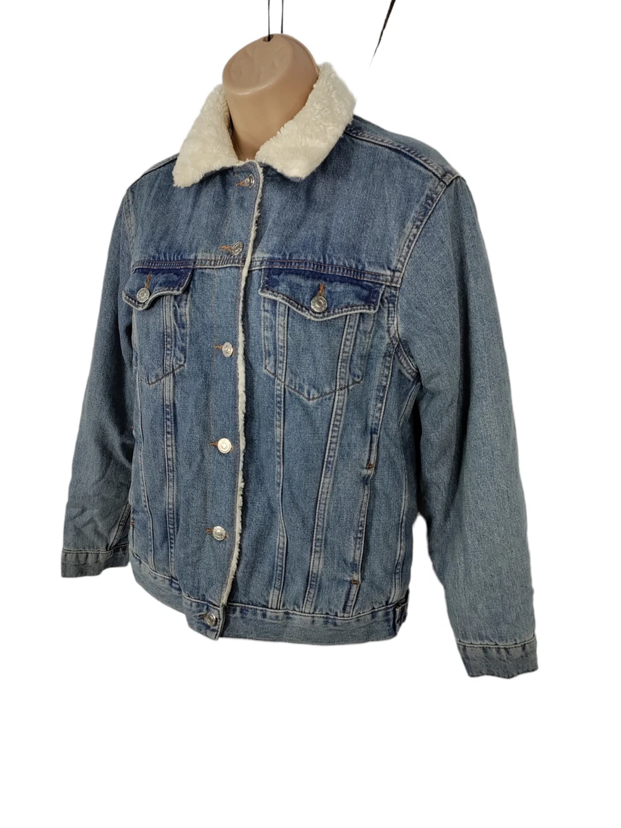 WOMENS TOPSHOP SIZE UK 6 SMALL BLUE DENIM BUTTON SHERPA JACKET