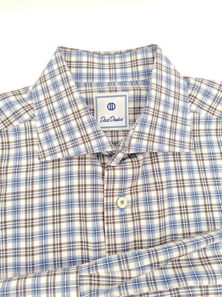 🇺🇲 Camisa de vestir David Donahue para hombre 15,5x33 100 % algodón azul marrón a cuadros Foto 3 de 4
