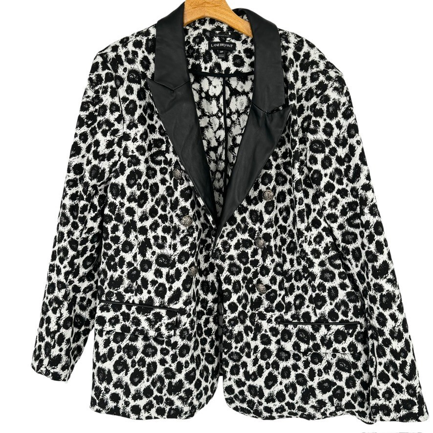 Lane Bryant Blazer Black Animal Leopard Print Jacket Faux Leather
