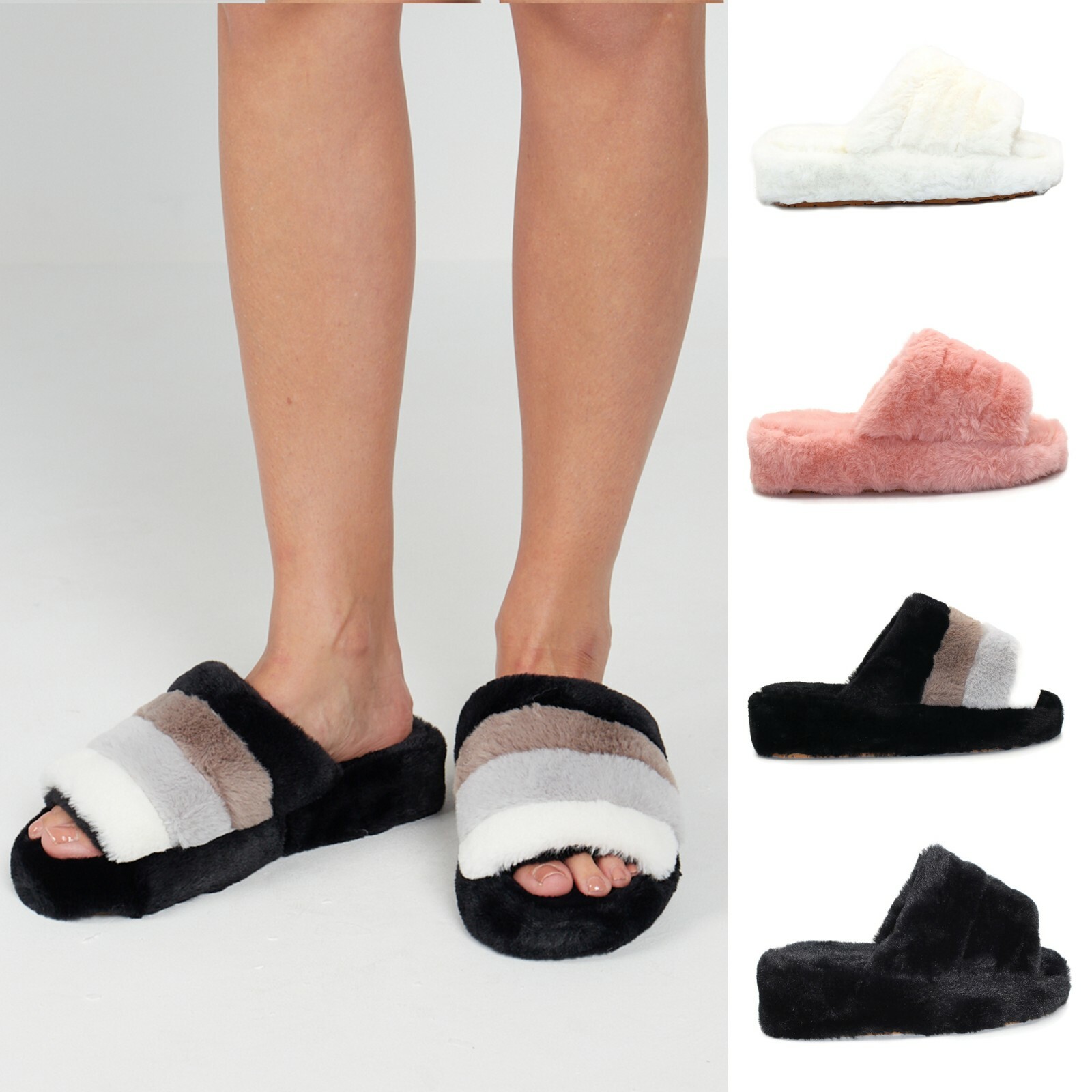 Womens Fur Slippers Sliders Ladies 