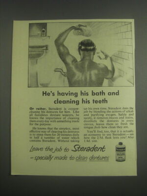 1953 Steradent Denture Cleaner Ad - He's having his bath and cleaning his teeth