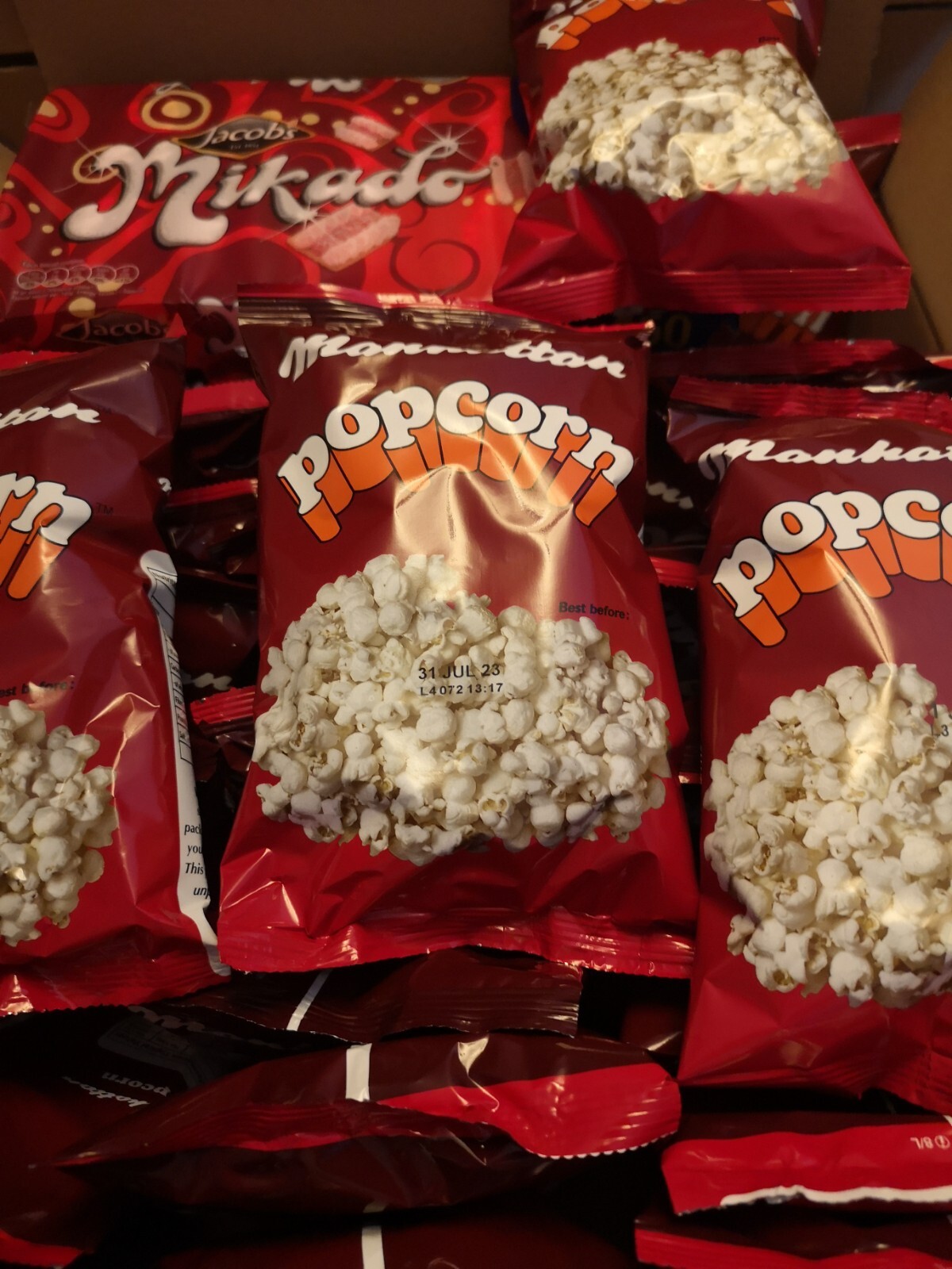 Manhattan Popcorn 30X15G packs with a packet of Mikado Biscuits ☘️ eBay