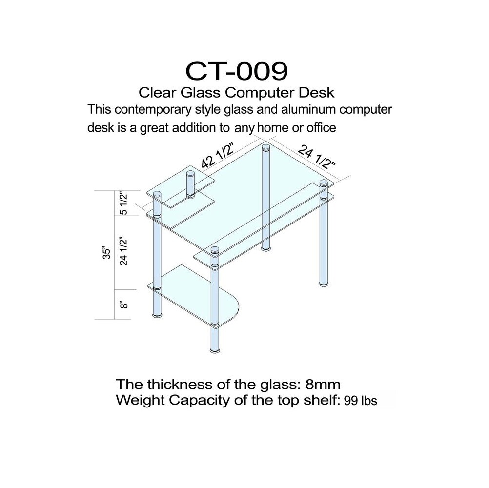 RTA Home and Office CT-009 Clear Glass and Aluminum Computer Desk