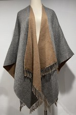 Reversible Camel Gray Pure Wool Wrap Coat Poncho France One Size 