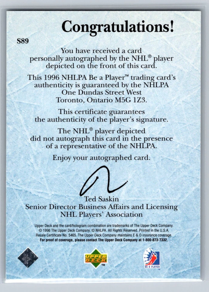 1995-96 Upper Deck Be a Player #S89 Todd Elik Autographs - Image 2 of 2