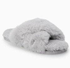 LC Lauren Conrad Women  s Small 5-6 Grey Faux Fur X-Cross Slide Slippers NWOT