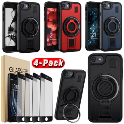 For Apple iPhone SE 2022 3rd Gen Ring Stand Case Protective Cover Tempered Glass