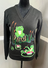 Vintage Cyn Les Shirlee Frog Sweater Women's Size M Black Embroidered