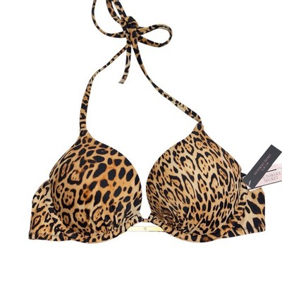 NEW VS Bombshell Leopard Print Push Up Halter Bikini Top Gold Hardware 34A