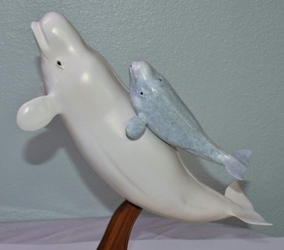 Beluga Whales - Mother & Calf Hand-Carved & Painted 2012 Signed E. Boggs 12'' NW