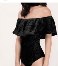 Altar  d State Black Ruffle Velvet Off The Shoulder Bodysuit Size Medium