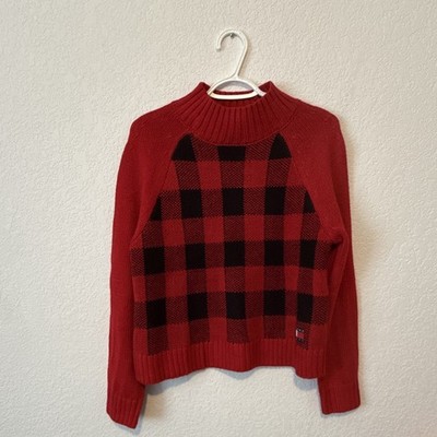 Tommy Jeans Women's Red Black Plaid Mock Neck Pullover Sweater M Acrylic Knit