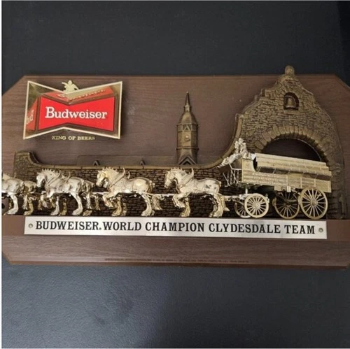 Vintage 1980s Budweiser Beer Advertising Plastic Sign/ Plaque Clydesdale Team