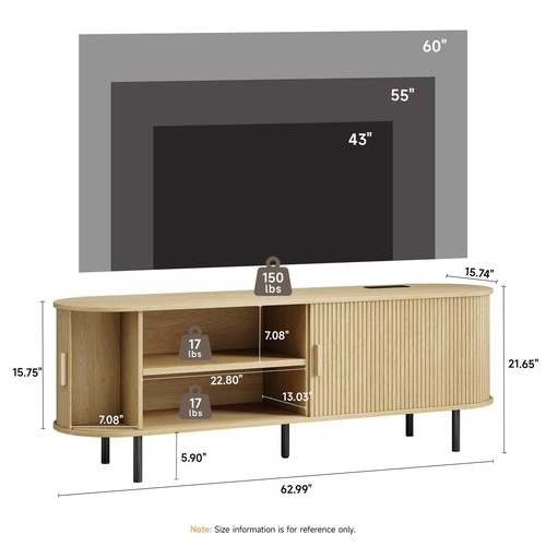 63" TV Stand with Power Outlet, Modern Media Console with Sliding Doors, Ente... - Picture 2 of 7