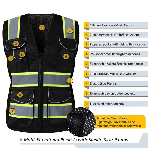 Hi Vis Reflective Safety Vest Black Work Jacket Construction 100% Polyester image 3