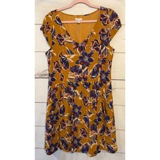 Garnet Hill Womens Floral V Neck Short Sleeve Dress Mustard Yellow Size 8