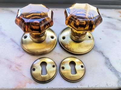 1 PAIRE de POIGNÉES de PORTE en VERRE / cristal AMBRÉ 50/54 mm - Photo 1/4