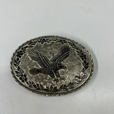Vintage American Flying Eagle Oval Belt Buckle Etched Leaf USA Made Silver Tone