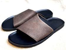 Men  s Brown Genuine Leather Slide Sandals Slip On Casual Comfort US Size 10