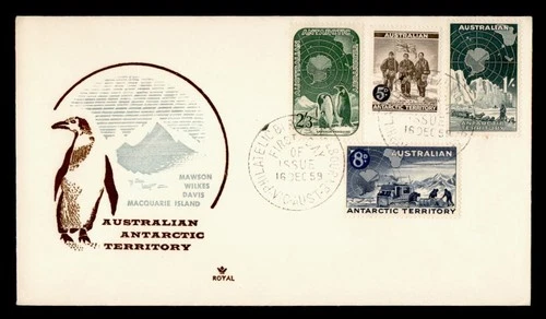 DR WHO 1959 AUSTRALIAN ANTARCTIC TERRITORY FDC OVPT ROYAL CACHET COMBO M76590