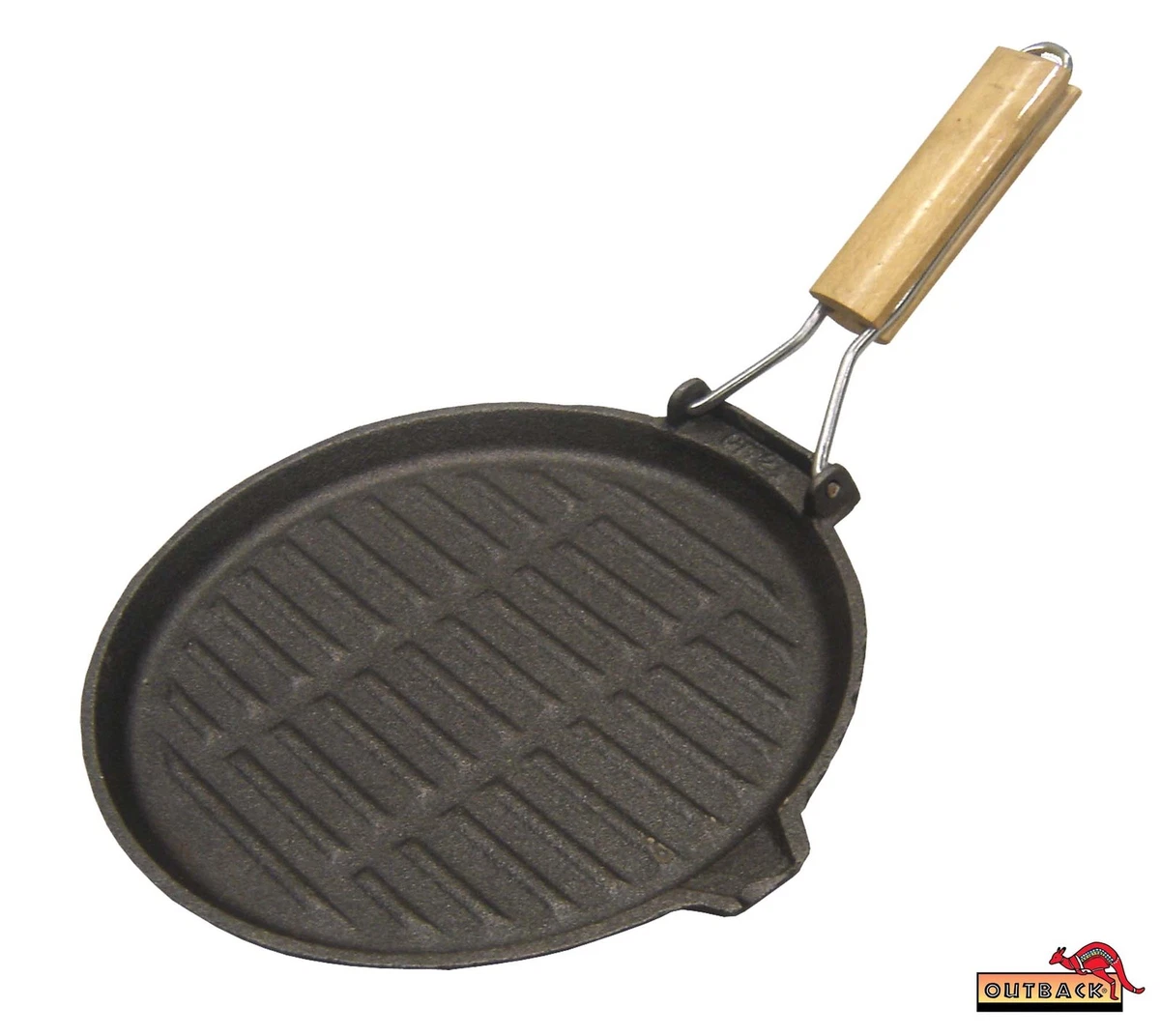 Outback Round Cast Iron Grill Pan Skillet Folding Wood Handle 26cm10.5  Camping