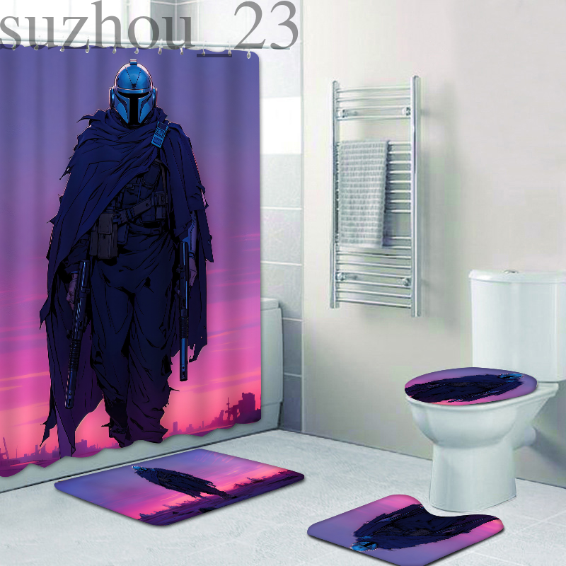 Mandalorian Bathroom 4PCS Mat Shower Curtains NonSlip Rugs Toilet Lid
