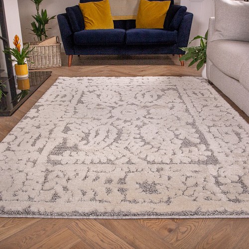 Traditional Cream Grey Rug Tranistional Living Room Rugs Moroccan Damask Runners - Picture 7 of 12