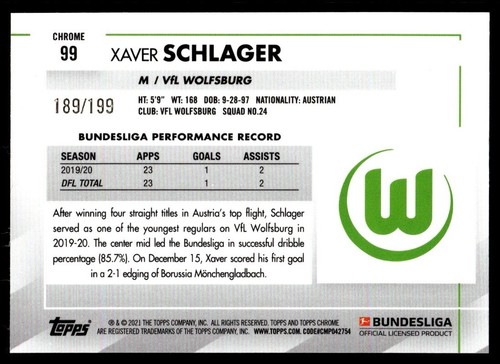 2021 Topps Chrome Bundesliga Prism Xaver hit /199 #99 - Photo 2 sur 2