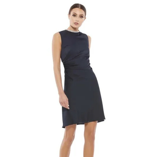 Mac Duggal Navy Satin Cocktail Dress Rhinestone Accents Women Sz 0 Retail  $348 | eBay