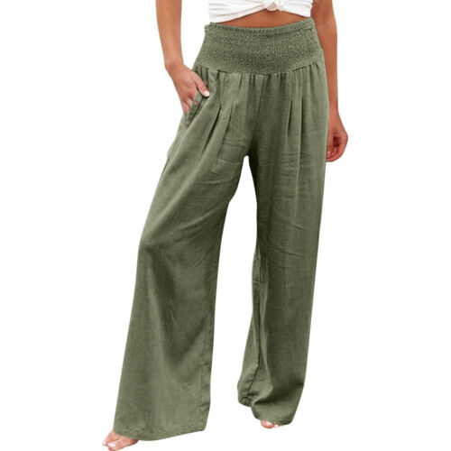 Summer Wide Leg Pants Women Loose Palazzo Pants Pocket Elastic Waist Pants* - Picture 12 of 60