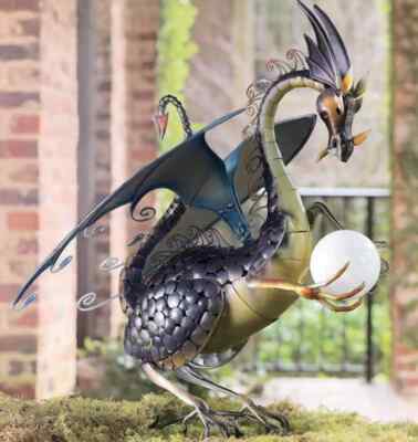 Metal Dragon Statue with Color Changing Solar Globe  Garden Patio Large
