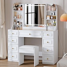 42" Makeup Vanity Desk with Mirror and Lights, Power Outl, Glass Top Big