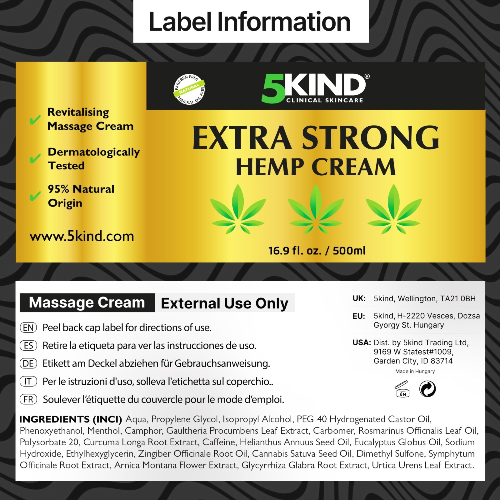 5Kind Hemp Cream Maximum Strength - Natural Relief Cream Rich in Hemp Oil