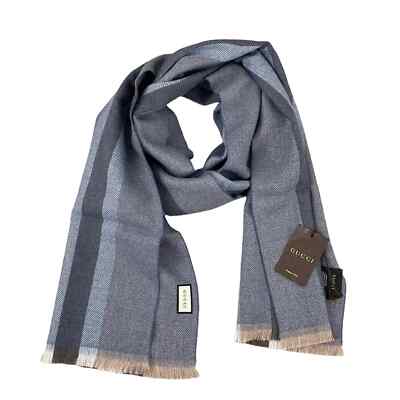 NEW Gucci Junweb Muffler Stripe Scarf 100% Wool Blue Unisex